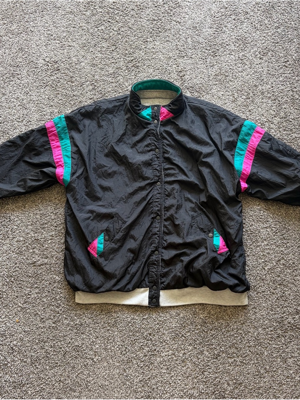 Vintage 80's Reversible Black/Gray Windbreaker with Teal & Pink Contrast Accents